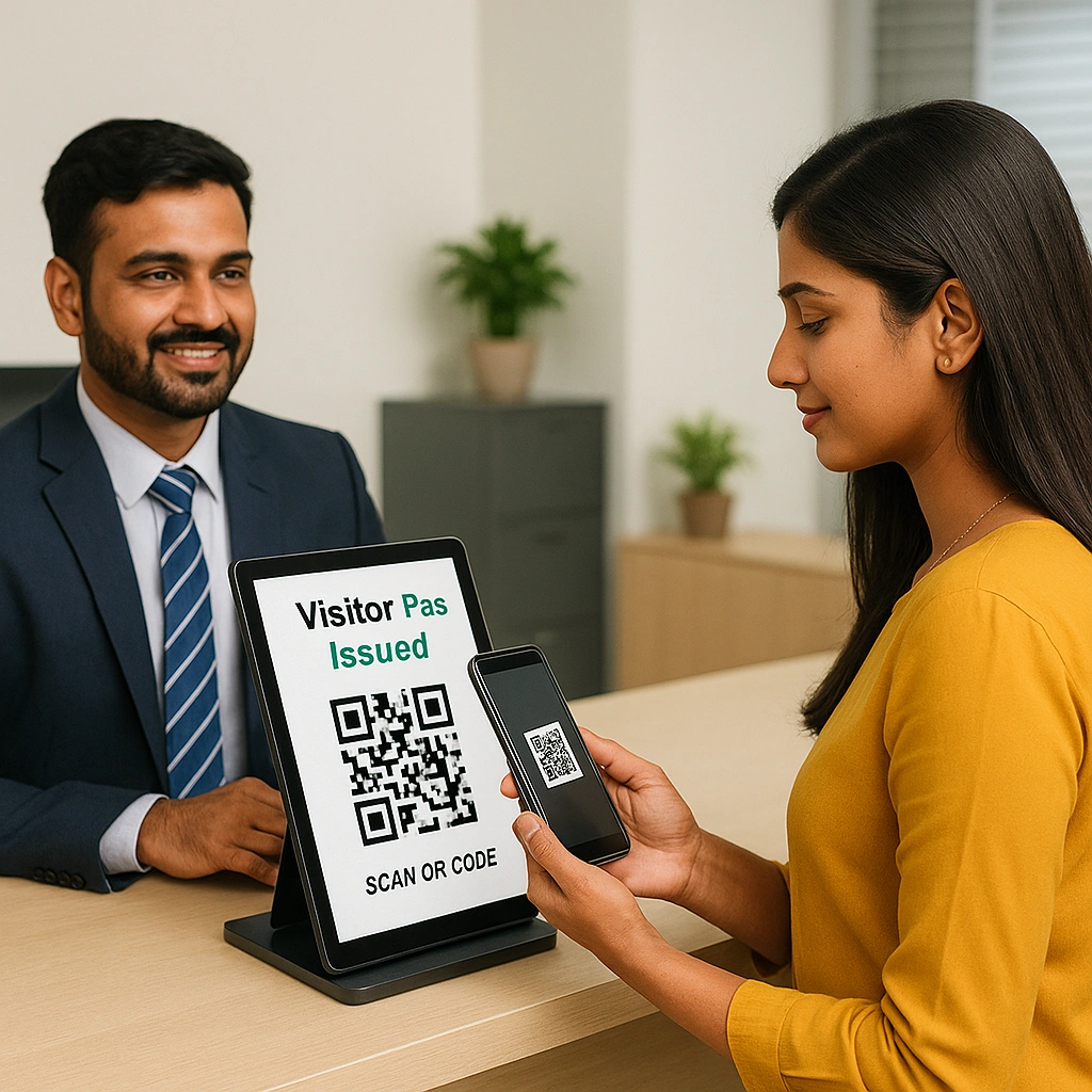 Visitor checking in at aviation facility using VizTrak QR code system