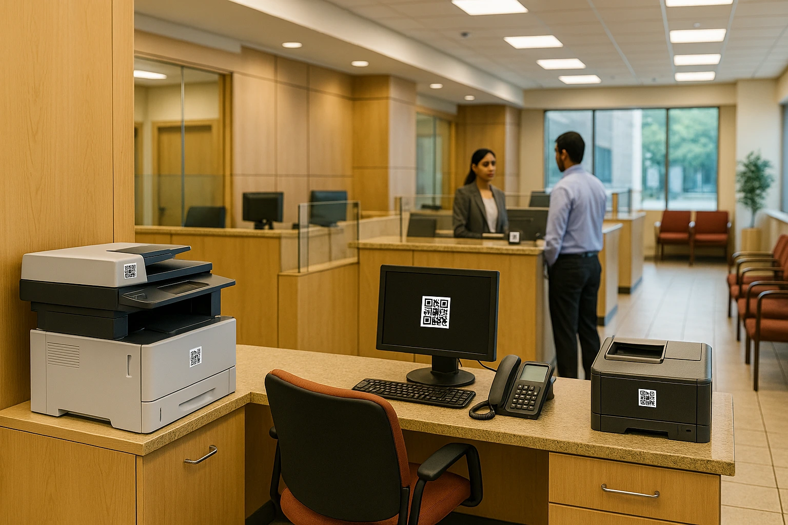 Finance admin scanning asset tags in a bank using fixed asset management system