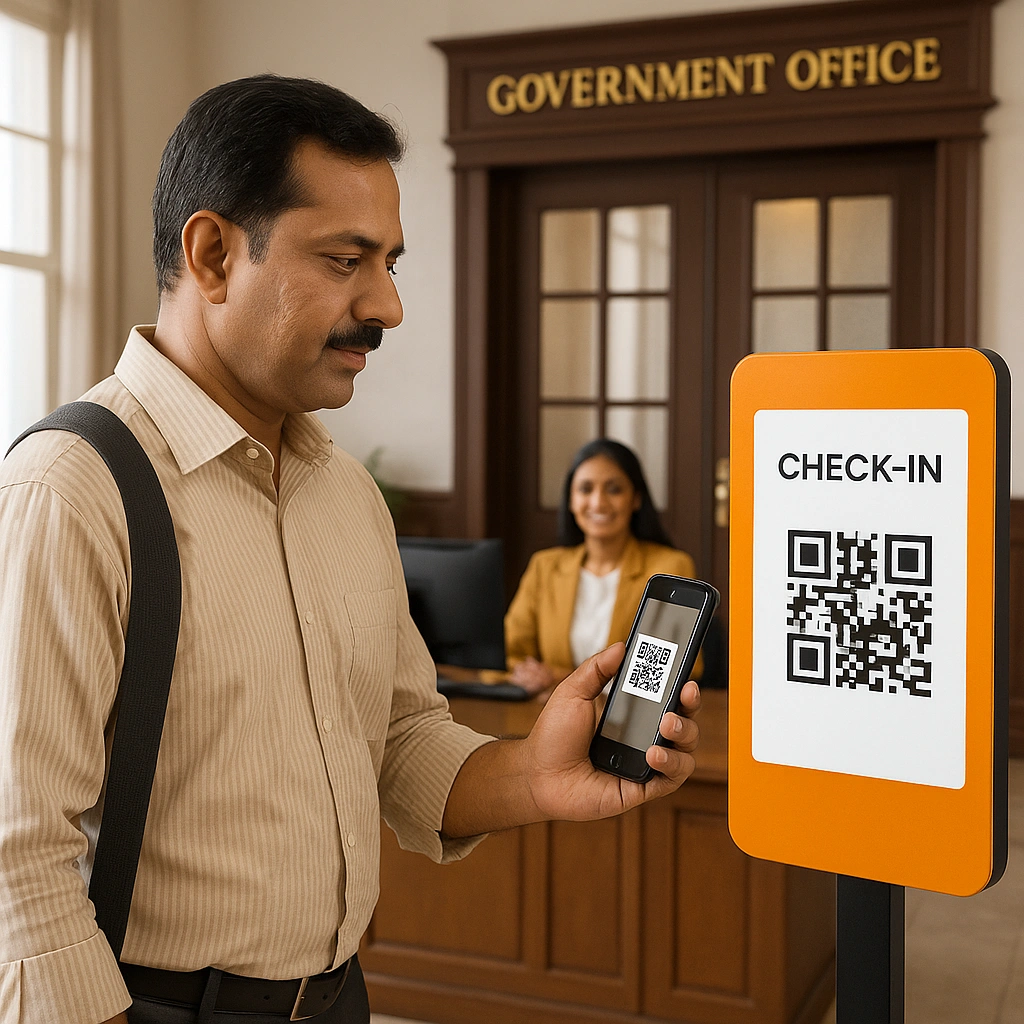 Visitor checking in at government facility using VizTrak QR code system