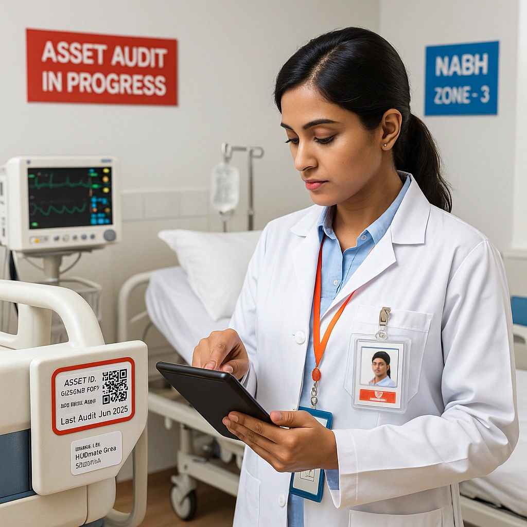 Technician scanning barcode tag on medical equipment using asset management software