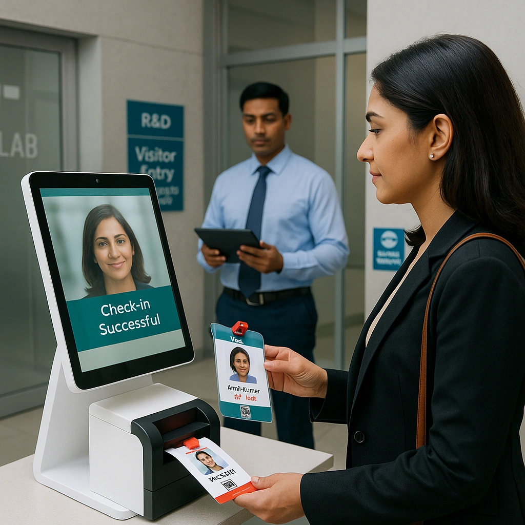 Visitor scanning QR code at hospital reception through VizTrak system
