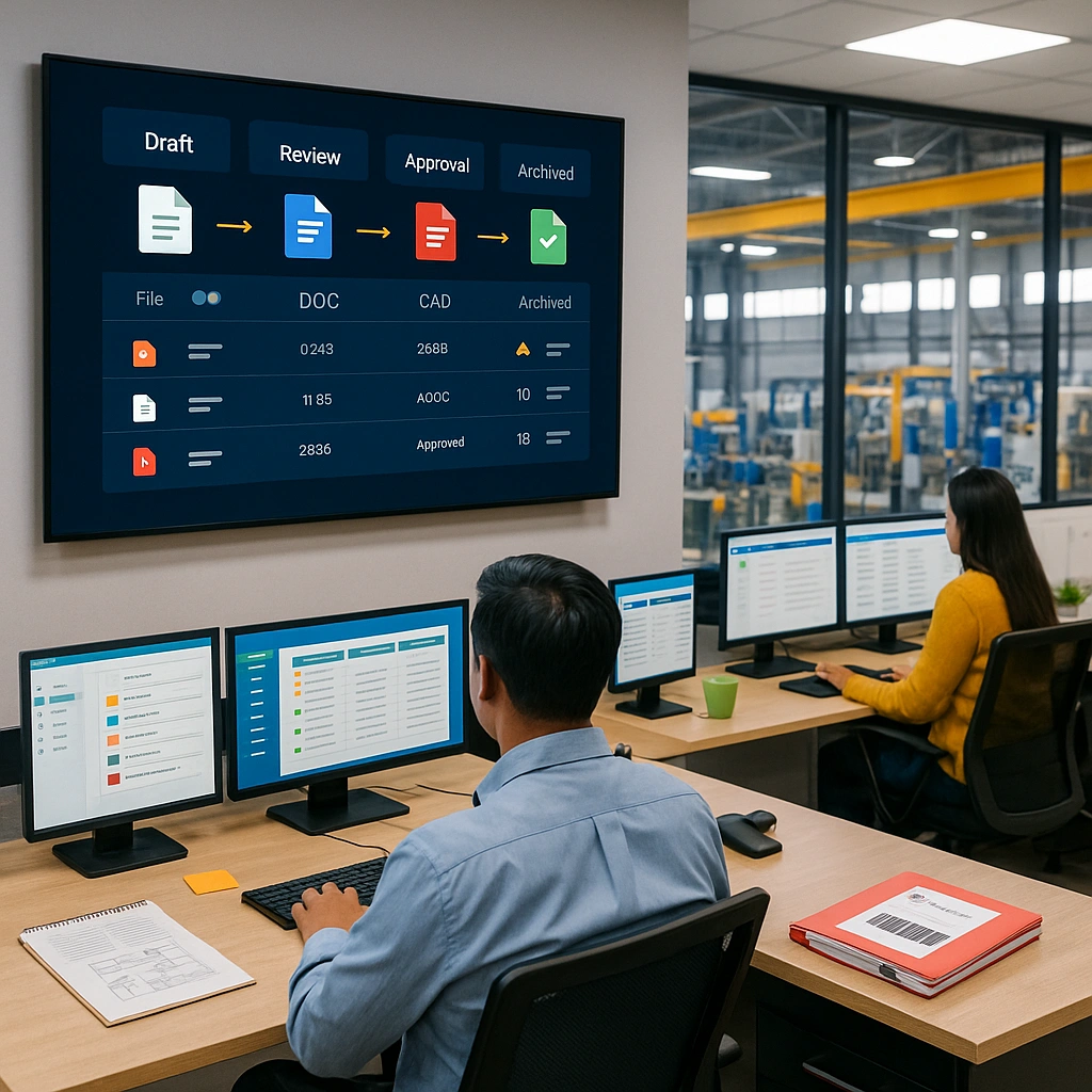 Shop floor supervisor accessing SOPs and manuals via ShareDocs Enterpriser ECM platform