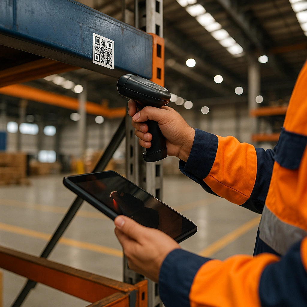 Maintenance staff scanning equipment tag using fixed asset management software in a plant