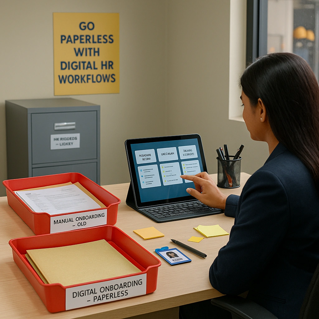 HR team digitally onboarding factory workers using HRDMS on tablet devices
