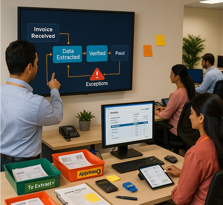 Accounts team processing supplier invoices using AI-powered PayXtract dashboard