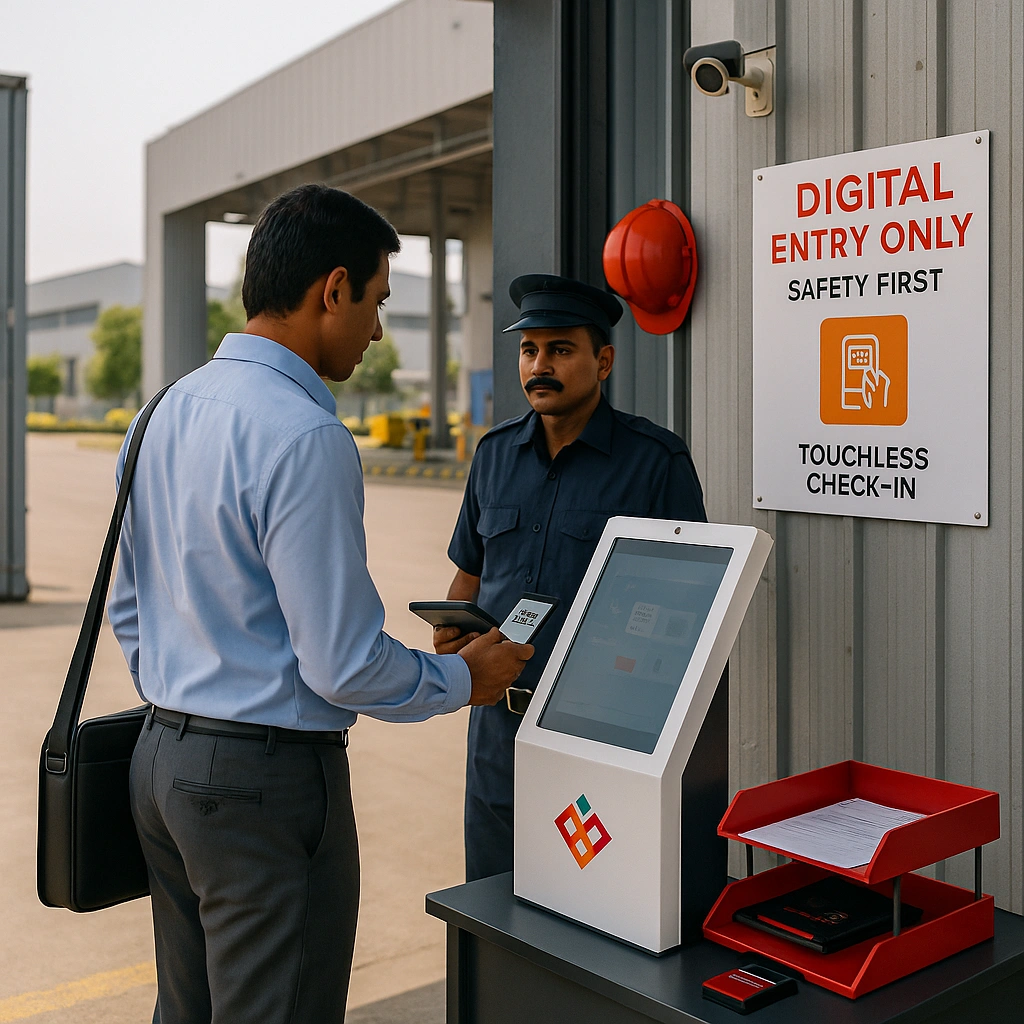 Visitor checking in at factory gate by scanning QR code through VizTrak system