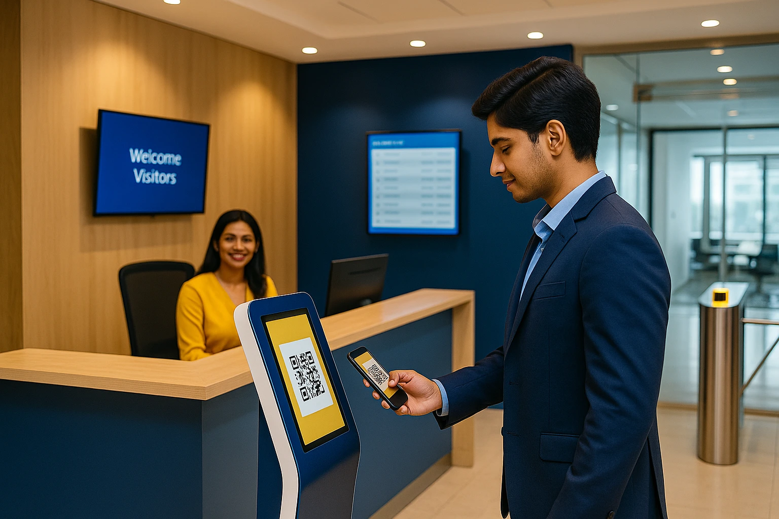 Digitize guest check-ins with VizTrak – secure QR code visitor logging software Visitor scanning QR code at reception using VizTrak visitor tracking system